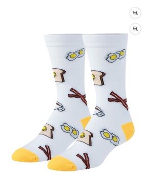 Crazy Socks Women’s Breakfast Crew Socks White Yellow Shoe Size 5-10